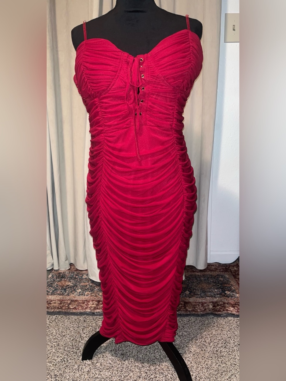 Fashion Nova Red Ruched Spaghetti Strap Midi Mesh Dress 2X